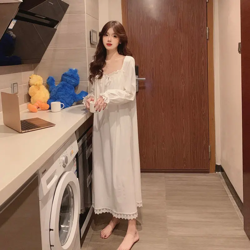 QWEEK Princess Nightdress Women Autumn Long Nightgown Lace Sleepwear Long Sleeve Nightwear White Sleeping Dress Plus Size 3XL