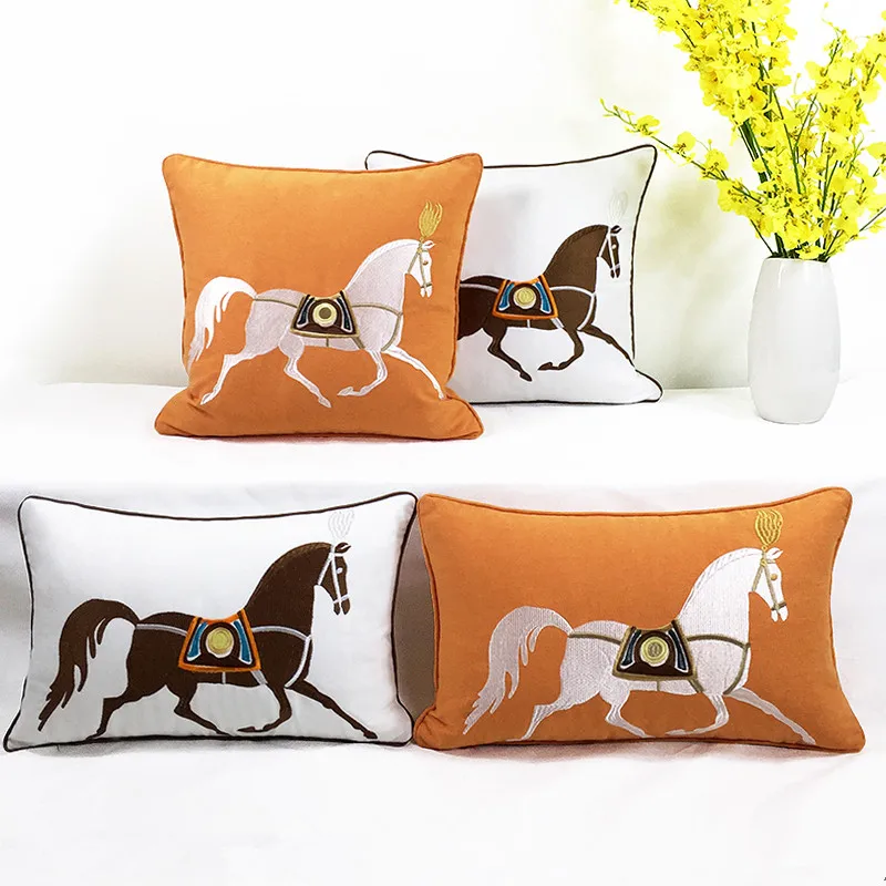 

American Style Cushion Living Room Handmade Embroidery Horse Pillows Car Sofa Throw Pillow Morden Home Decoration Accessories