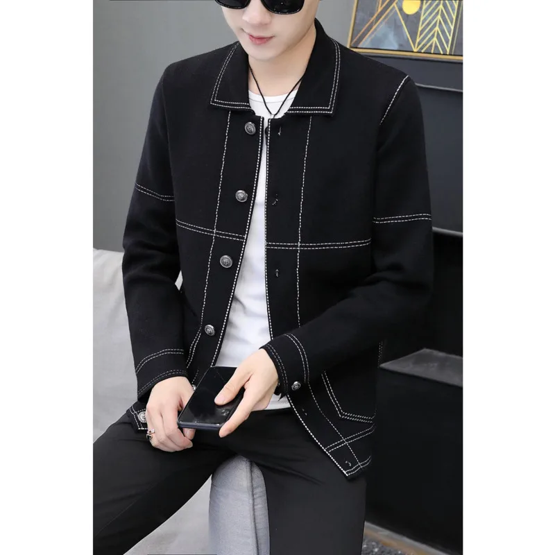 

Men's jacket 2021 spring autumn new lapel slim knit sweater tooling coat single-breasted cardigan youth youthful vitality Men