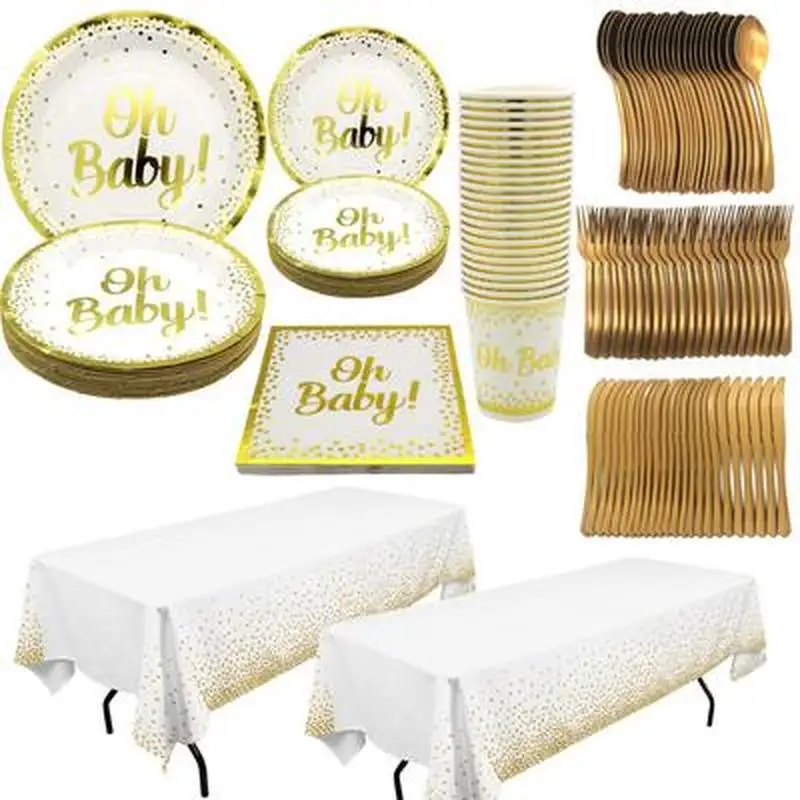 

Bronzing Gold Disposable Tableware Oh Baby Paper Plates Cups Napkins Birthday Party Cutlery Baby Shower Gender Reveal Supplies