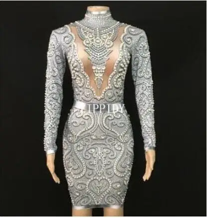 grey dress Черный серый Стразы Жемчуг Длинные рукава платье Сексуальная спандекс Женская одежда для пения день рождения, празднование вечернее платье - Цвет: grey dress