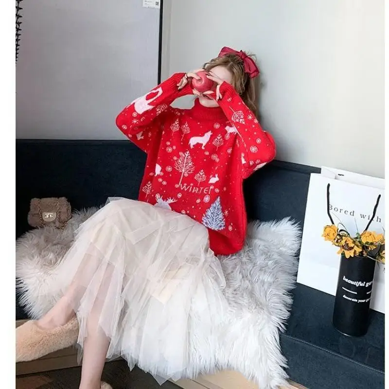 

Turtleneck pullover sweater women sweet knit sweater women autumn and winter loose outer wear thick and comfortable lazy trend