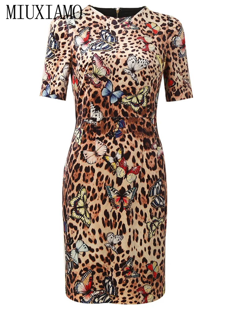 

MIUXIMAO 2019 Newest Spring & Fall Fashion O-neck Short Butterfly Leopard Print Above Knee Dress Women Vestidos