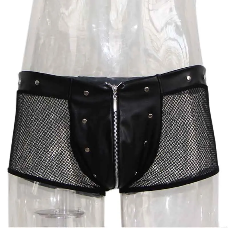 Трусы-боксеры мужские из искусственной кожи нижнее белье в стиле панк с молнией