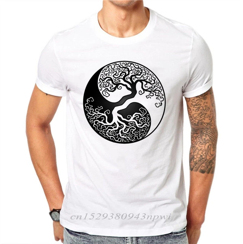 

100% Cotton Artistic Yin Yang Tree Printed T Shirt Summer Men Nature Art Design TShirt Short Sleeve Hipster Cool White Tee Tops