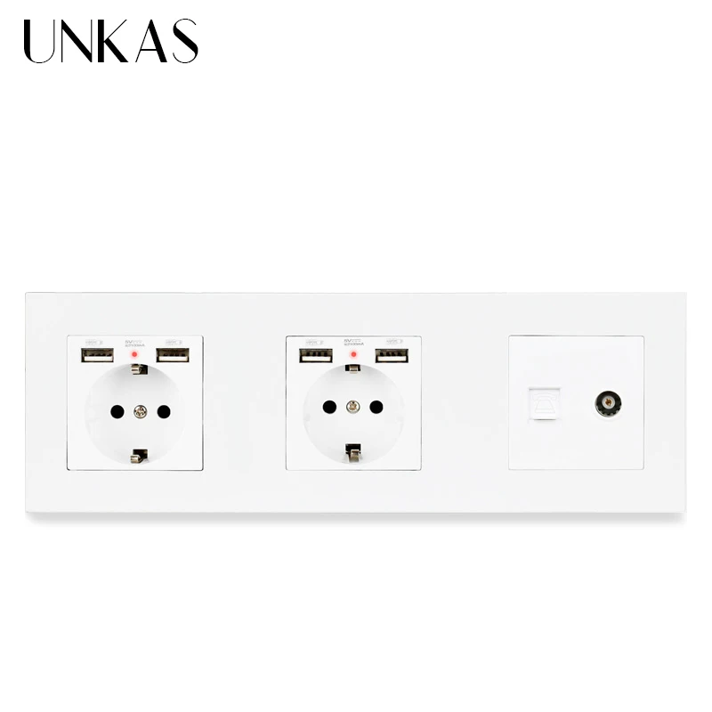 UNKAS Европейская стандартная черная пластиковая двойная розетка с 4 USB портами для
