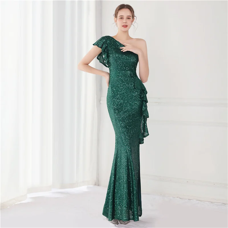 Sexy One shoulder High waist style Long Sleeve Sequin Dress Vestido De Festa Gowns Formal Party Dress Reflective Dress