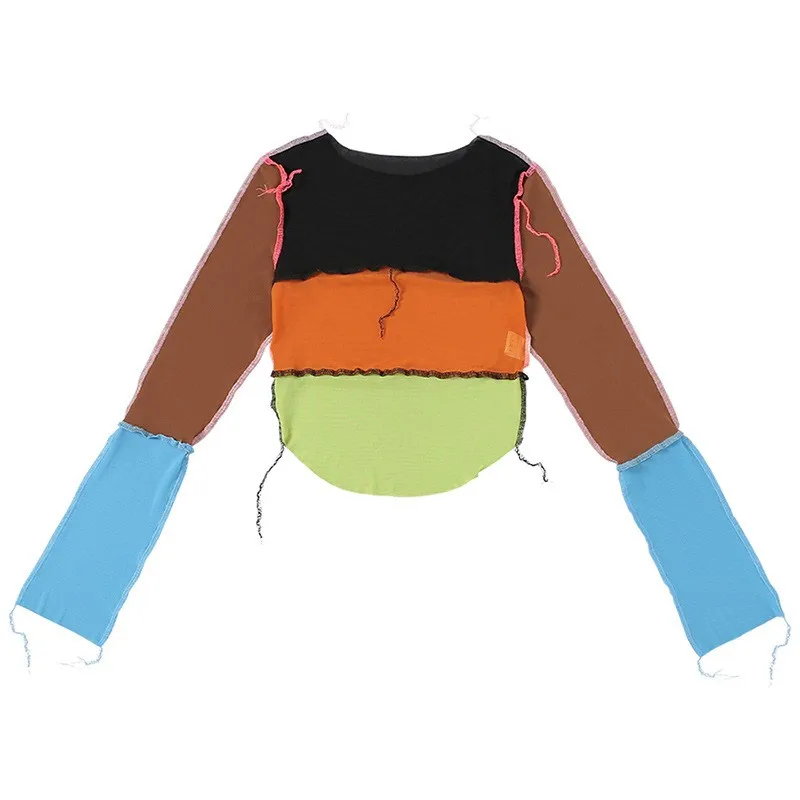 

Autumn New Patchwork Design Mesh Long Sleeve Crop Top For Women Punk Style See-through Sexy T-shirt Street Casual Wear