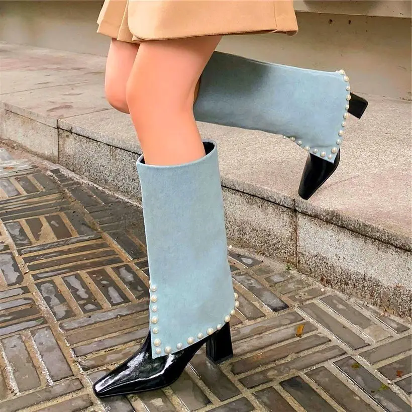 

Punk Military Pumps Women Genuine Leather Square Toe Knee High Boots With Pearls Block High Heel Goth Party 34 35 36 37 38 39