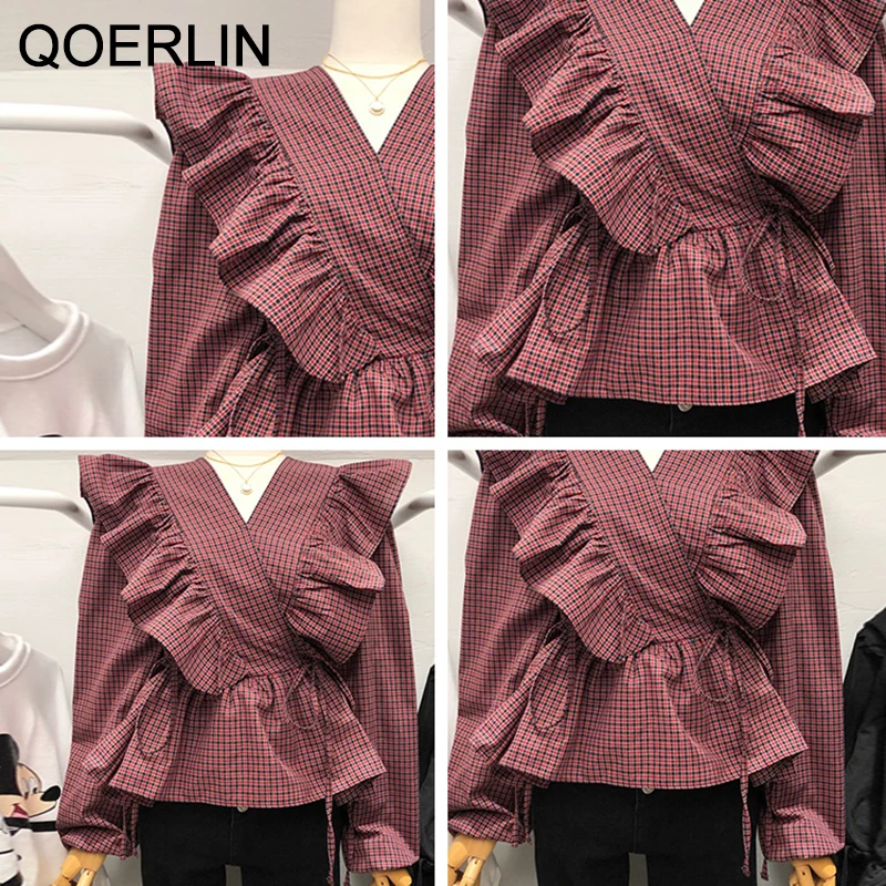 

QOERLIN Chic Plaid Vintage Deep V Neck Lace Up Retro Women Loose Elegant Lantern Sleeve New Hot Elegance Female Shirts Tops