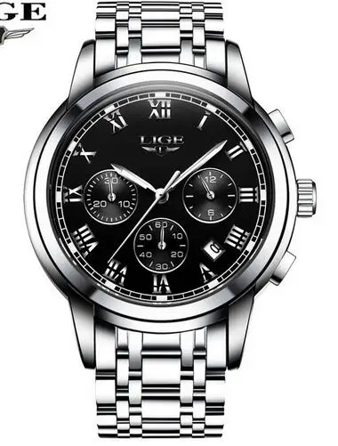Silver black LIGE, новинка, часы для мужчин, люксовый бренд, хронограф, мужские спортивные часы, водонепроницаемые, все стали, кварцевые, мужские часы, Relogio Masculino+ коробка - Цвет: Silver black