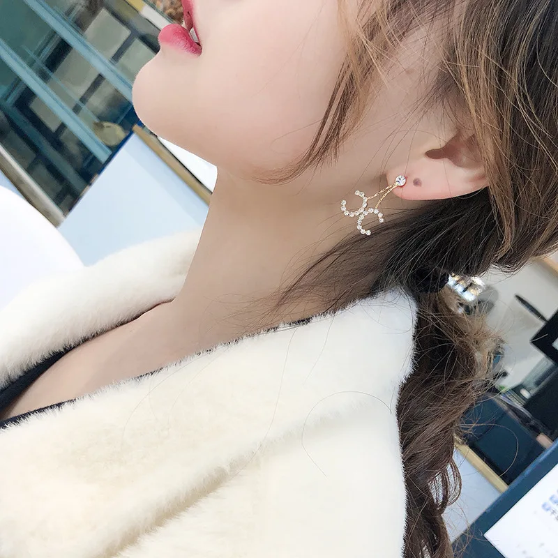 2019 модные двойные серьги с серебряной иглой и кристаллами летние