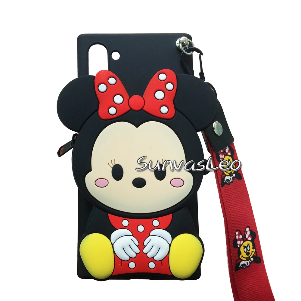 Black Minnie 3D кошелек для samsung Galaxy Note 10/Note 10 Plus, мягкий силиконовый чехол с изображением животных из мультфильма, чехол-кошелек, чехол для телефона с цепочкой и кабелем - Цвет: Black Minnie