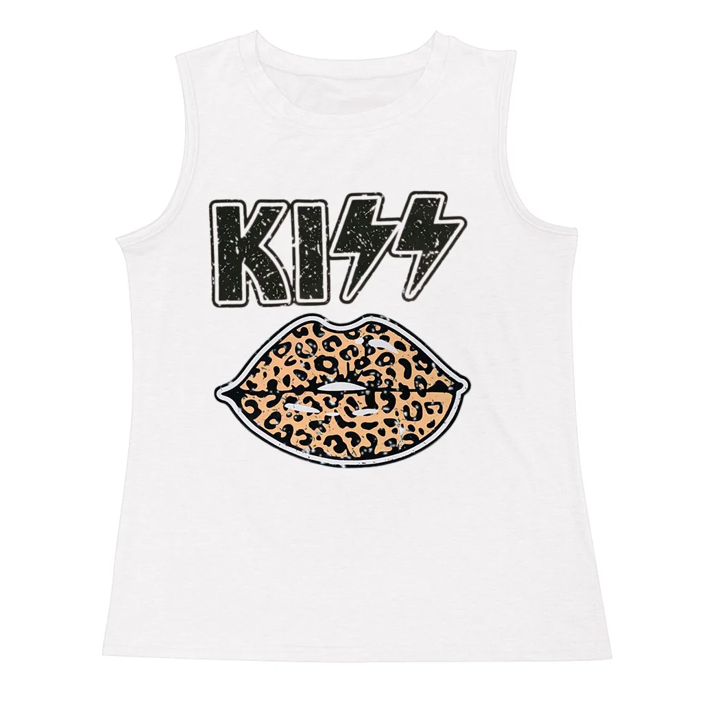 

New Ladies Casual Round Neck Loose And Comfortable Solid Color Vest Lip Print Sleeveless Top T Shirt Kawaii