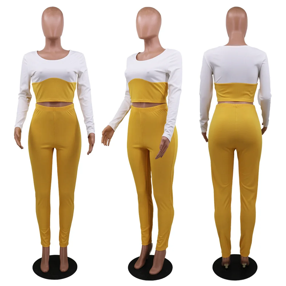 

Color Blocking Patchwork Sexy 2 Piece Matching Sets Women Long Sleeve Bandage Crop Top and Pencil Legging Lounge Wear Tracksuit