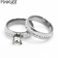 classic wedding women stainless steel finger rings with middle pave cz stones understated delicate female engagement jewelry