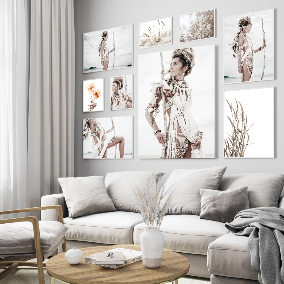 

Wild Boho Woman Grass Reeds Poster Nordic Canvas Wall Art Print Nature Landscape Painting Decorative Pictures Scandinavian Decor