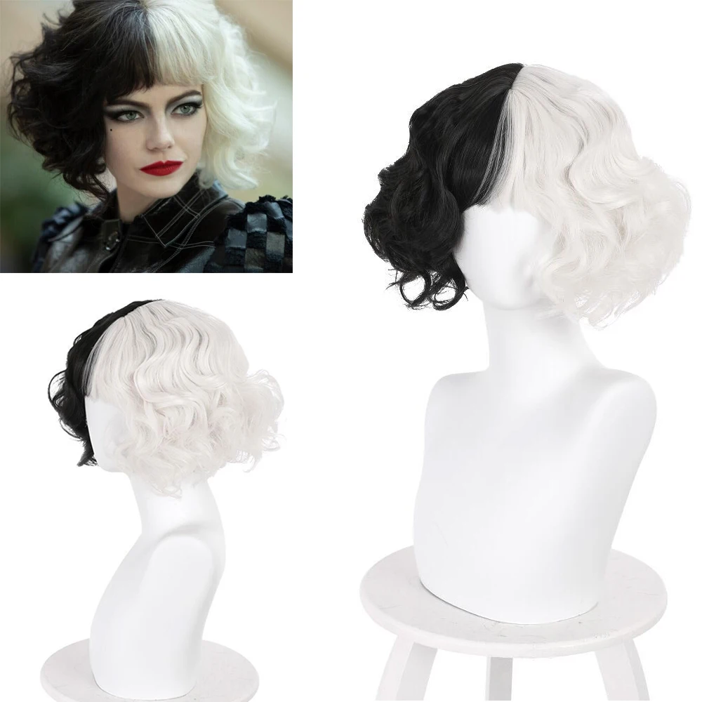 

Movie Cruella de Vil Cruella Wig Emma Stone Short Black White Curly Hair Wigs Cosplay Props