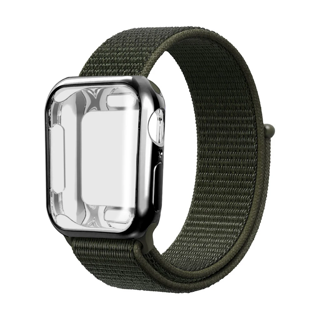 Нейлоновый ремешок+ чехол для Apple watch series 5/4/3/2/1, 42 мм, 38 мм, версия в едином положении во время занятий легкой атлетикой, ремешок для iwatch 40 мм 44 спортивный браслет - Цвет ремешка: Army green khaki