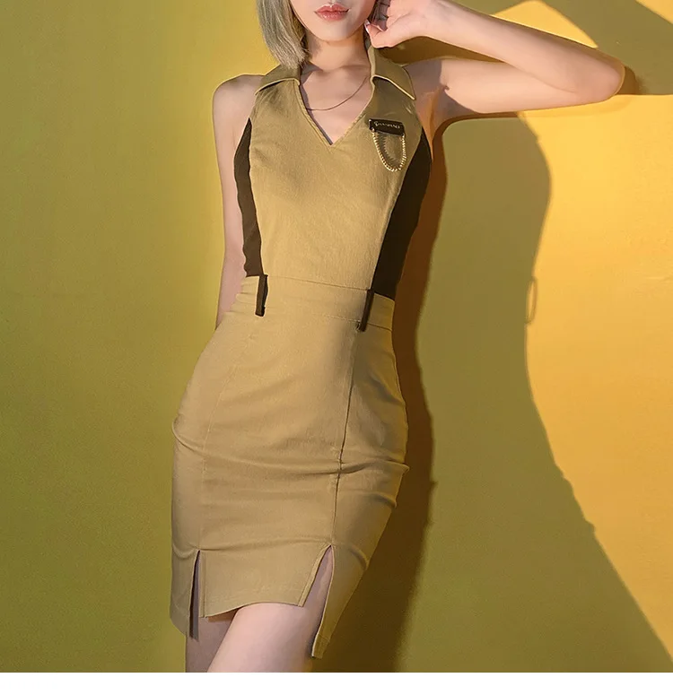 

Women Color Block Dress, Adults Sleeveless Backless V-neck Slit Halter
