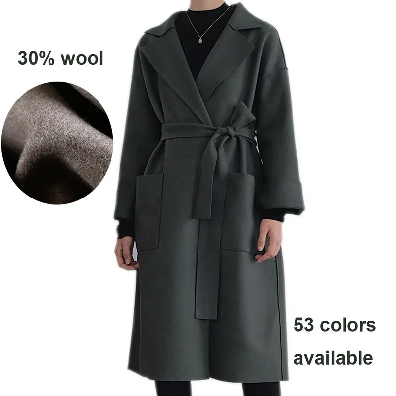 

Women Elegant Winter wool Overcoat Long Bandage Woolen Thick Coat Cardigan Loose Plus Size Abrigos Mujer Manteau Femme Hiver