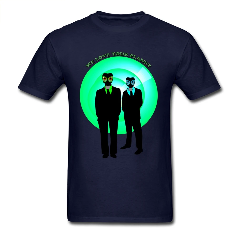 

We Love Your Planet Navy Blue Men T-shirt No Fade Cotton T Shirts Mask Alien Print Male Size Large Tops Novelty Design