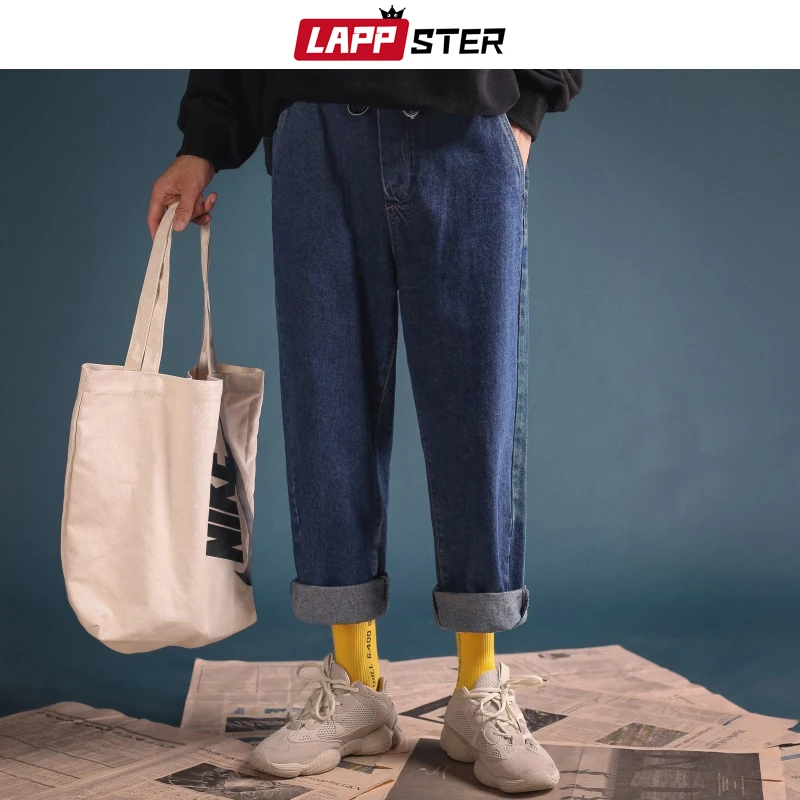 LAPPSTER мужские корейские модные уличные джинсы хип хоп винтажные прямые шаровары синяя панк джинсовая Дизайнерская одежда 2XL