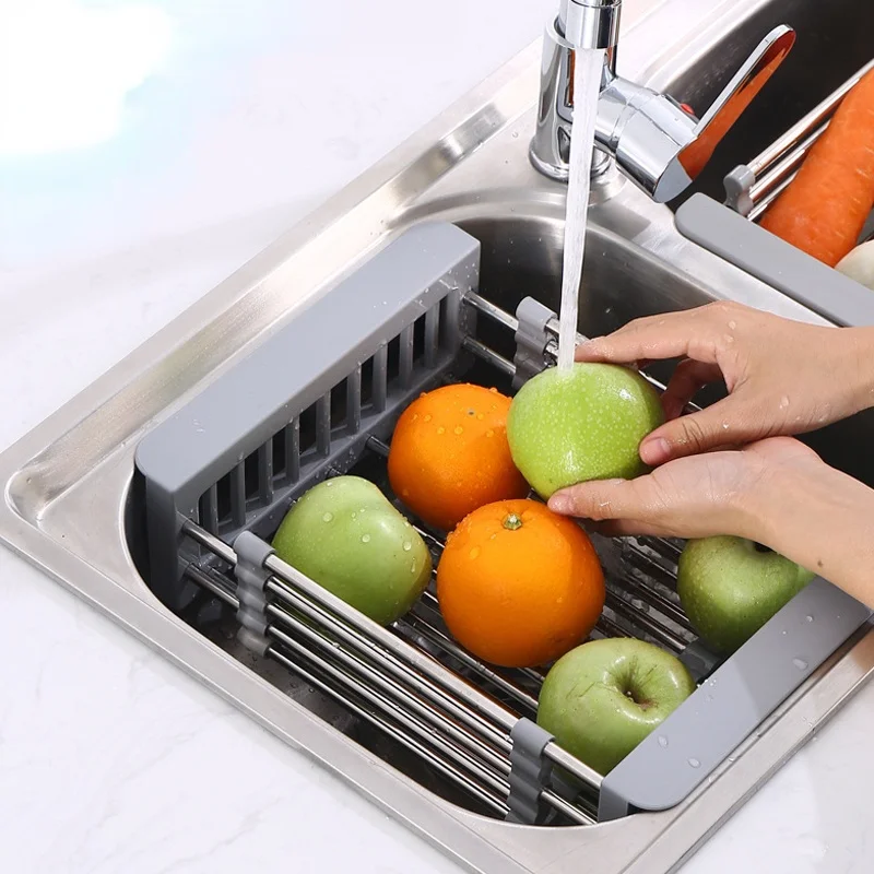 

Multifunctional Kitchen Sink Drain Rack Retractable Stainless Steel Drain Basket Over The Sink Dish Drying Rack Accessories
