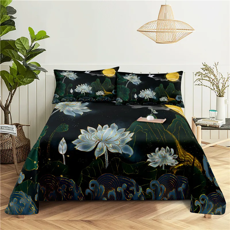 

Beautiful Lotus 0.9/1.2/1.5/1.8/2.0m Digital Printing Polyester Bed Flat Sheet With Pillowcase Print Bedding Set