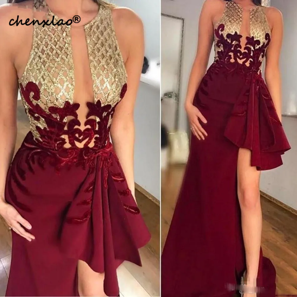 

robe de soiree Arabic Evening Dresses Modest Formal Dresses Gold Lace Matte Burgundy Evening Gowns Elegant Long Custom Made