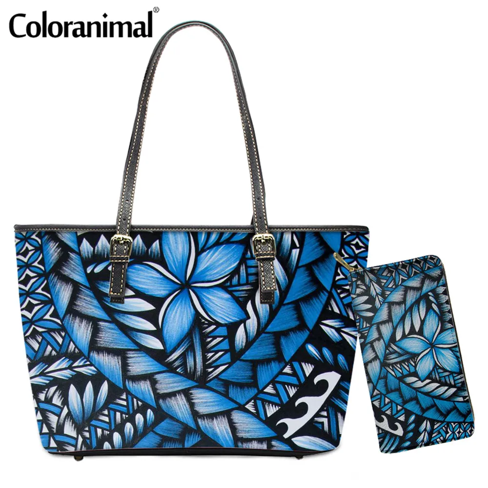 

Coloranimal Brand Luxury African Polynesian Plumeria Print Shoulder Bag for Women PU Leather Top-Handle Bag 2Pcs/Set Handbag Hot