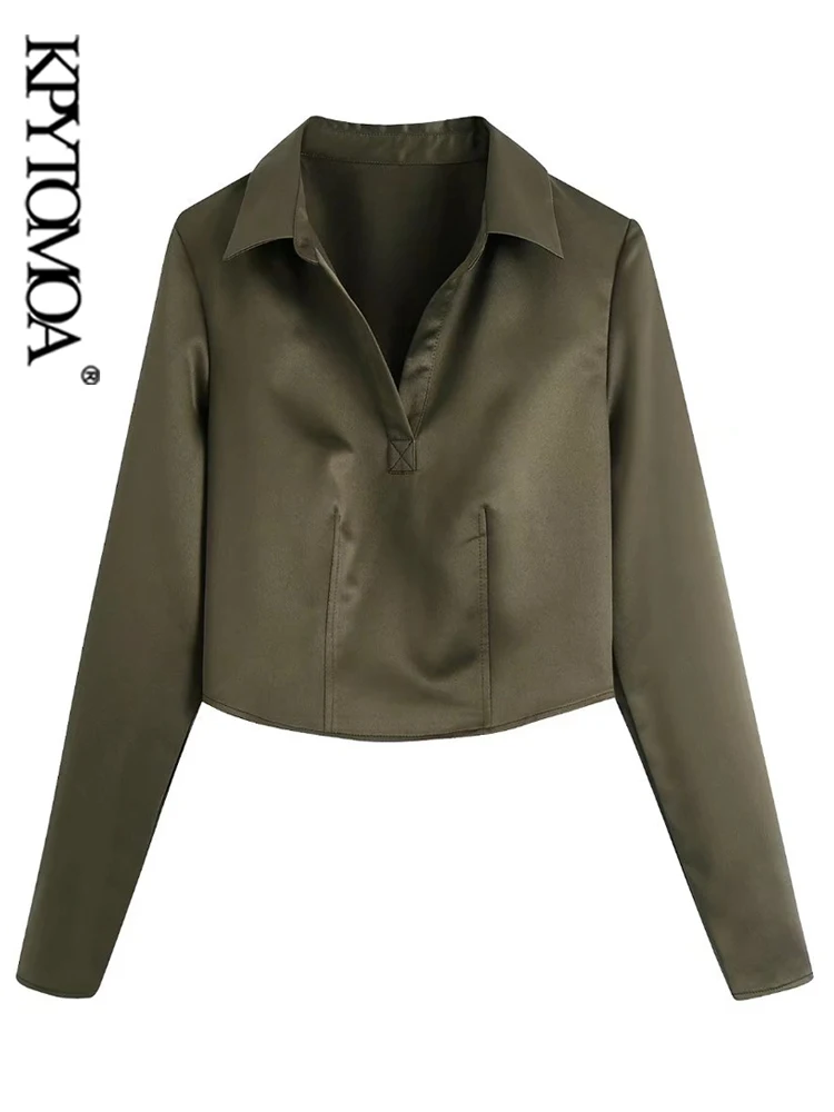 

KPYTOMOA Women Fashion Soft Touch Fitted Crop Blouses Vintage Long Sleeve Side Zipper Female Shirts Blusas Chic Tops