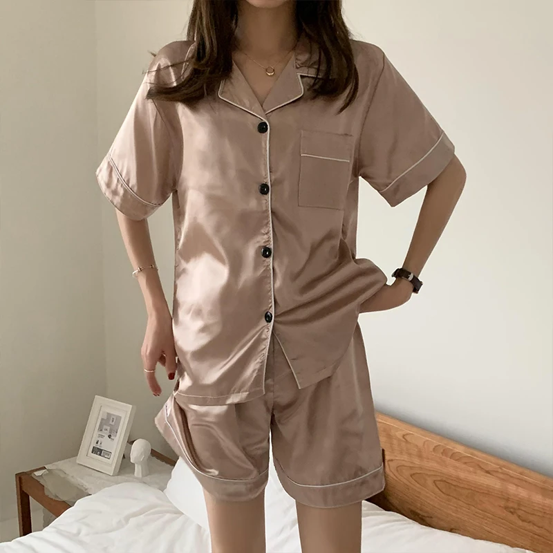 CAIYIER Solid Color Women Silk Nightwear Turn-down Collar Short Sleeve Sleepwear Female Soft Lingerie Plus Size Pajamas Set 5XL