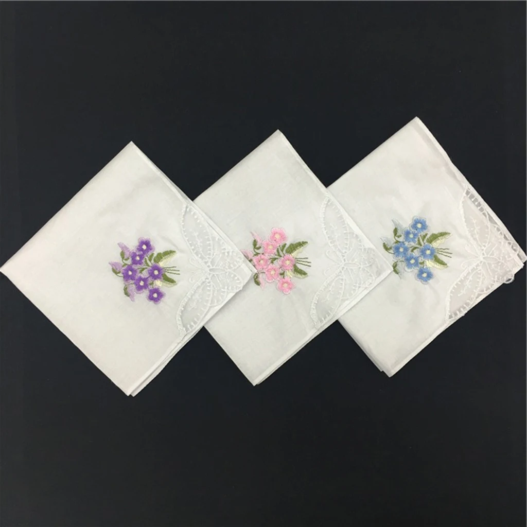 

12 Women Cotton Embroidered Lady Lace Handkerchiefs Floral Kerchiefs Handy Towel