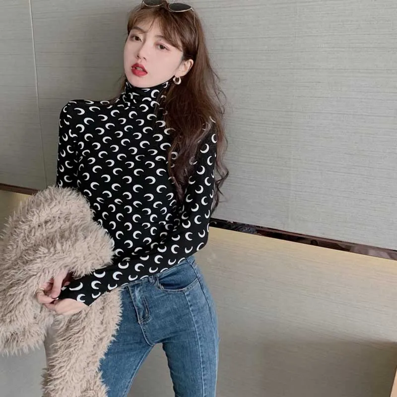 

2021 Underwear Clothing Women Designer Moon Print T Shirt Woman Slim Long Sleeve Turtle Neck Tops Korean Elegant Lady T-Shirt