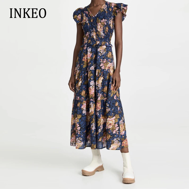 

Beach Flying sleeve Women's Long Dress 2022 Summer Elegant Floral Print V-neck Slim Dresses Shirring Vestidos Party INKEO 1D148