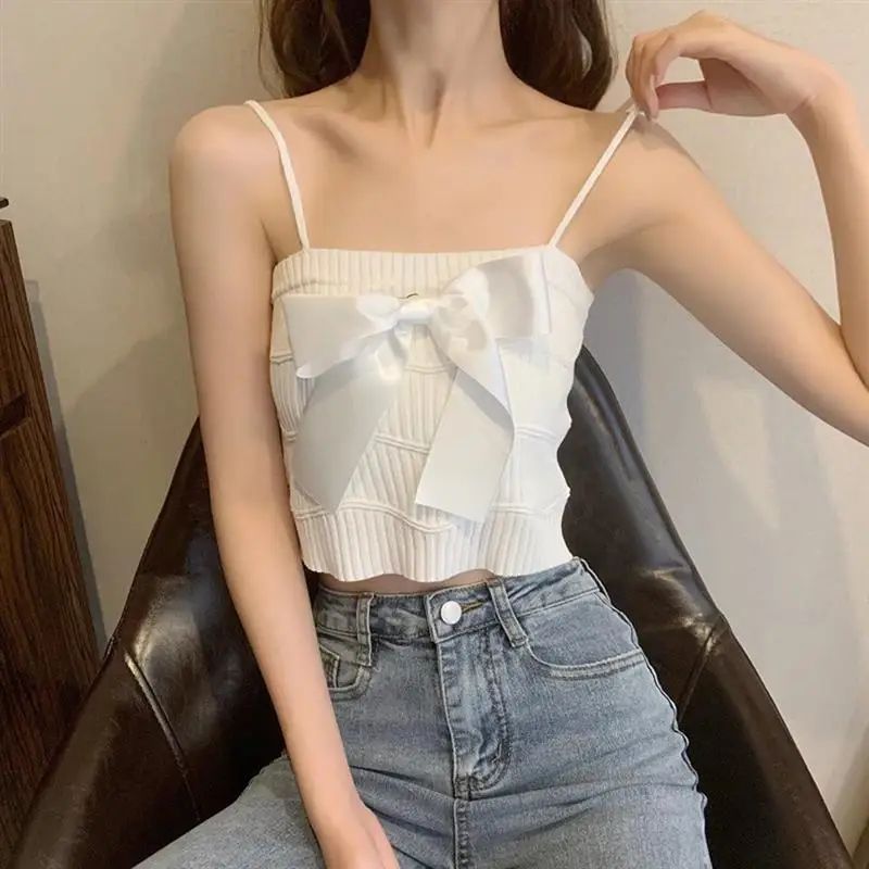 

Женский трикотажный топ с лямкой на шее, однотонная майка со съемным бантом на груди, однотонная облегающая футболка, топы на лето