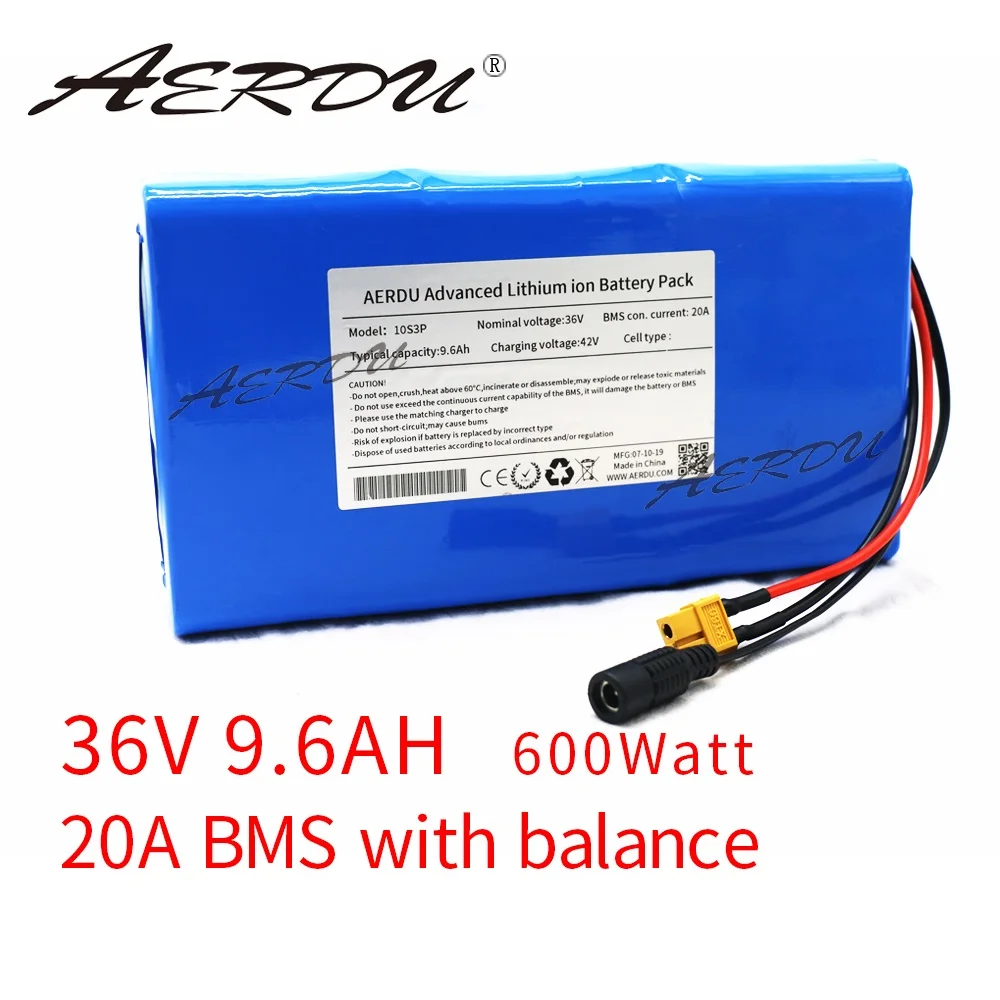 

AERDU 36V 10S3P 9.6Ah 42V 18650 Lithium battery pack for ebike electric bicycle motor scooter with 25A BMS High power capacity