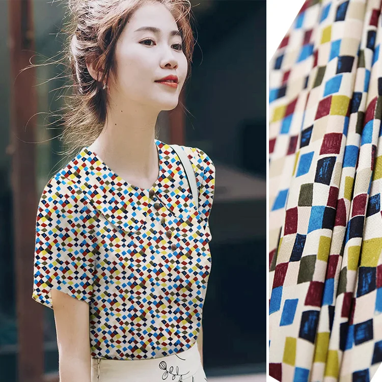 

1 метр мозаичная маленькая решетчатая печатная крепдешиновая ткань, 18 Mumisan шелковая ткань