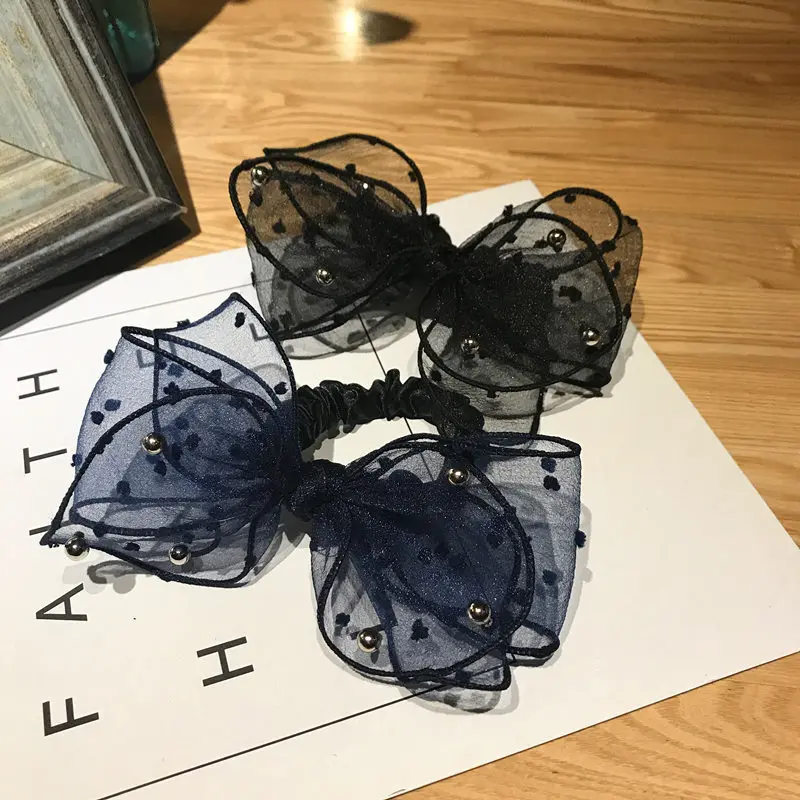 

The new cloth art headpiece Korean edition silk gauze gauze lace hot diamond multi-level large bowknot hair loop hair rope