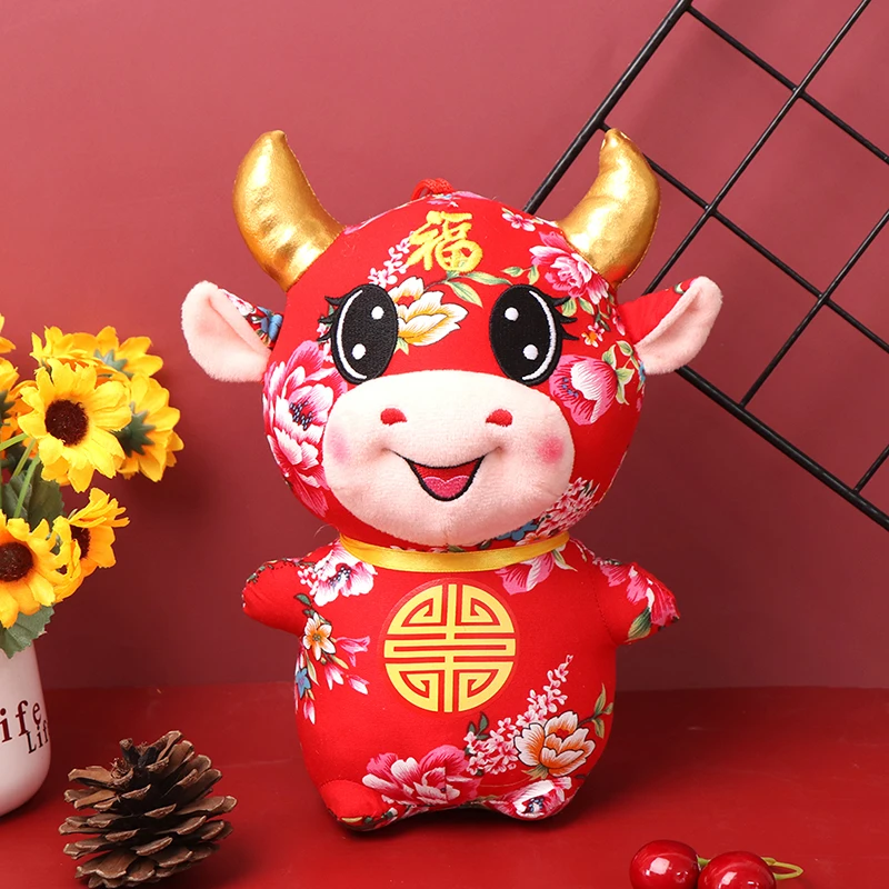 

2021 New Year Red Cow Mascot Plush Doll Chinese Zodiac Ox Cattle Plush Toy Gift