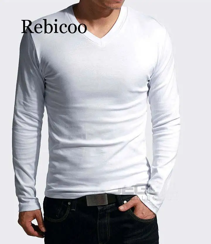 

2019 stretch men's T-shirt V-neck long-sleeved men's T-shirt men's large size Lycra and cotton T-shirt business men's T-shirt