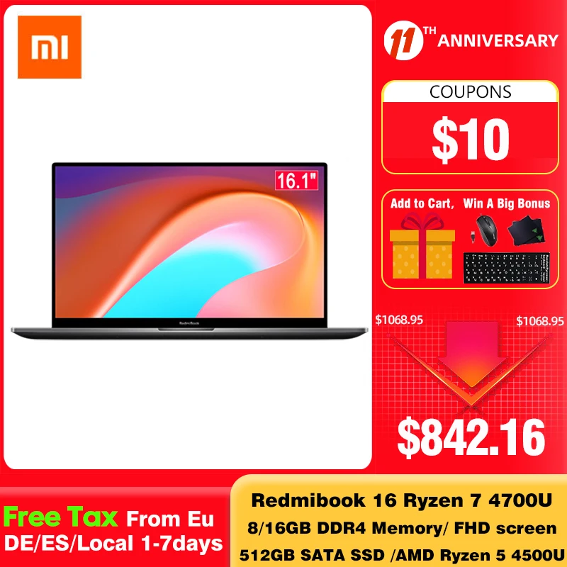 Ноутбук Xiaomi RedmiBook 16 AMD Ryzen 4700U/4500U 1 дюйма полный экран 100% sRGB 8 ГБ/16 ГБ DDR4 512 Гб SSD