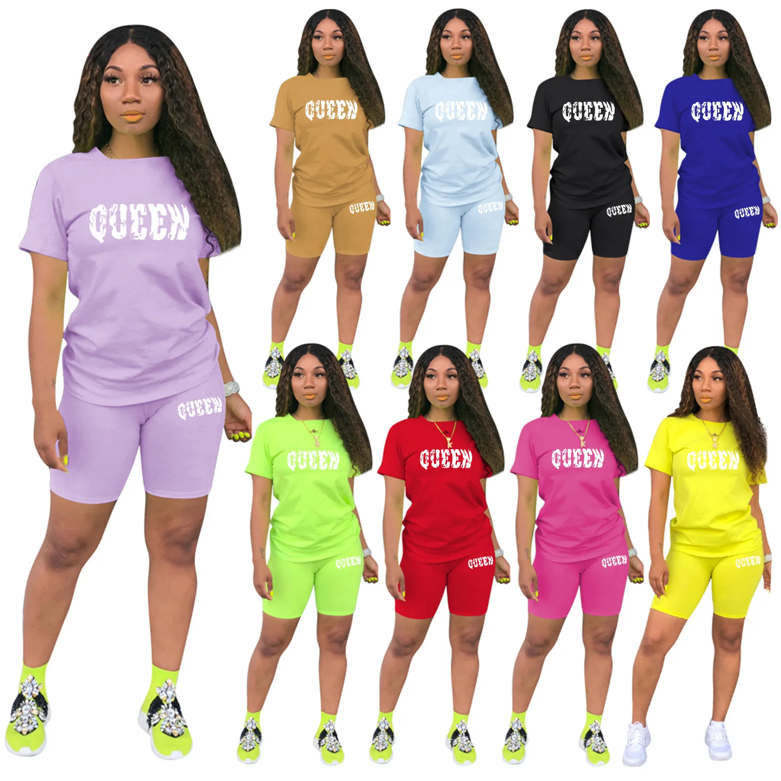 

Женский спортивный костюм с коротким рукавом, футболка с круглым вырезом и принтом букв, эластичные шорты-футляр, повседневный комплект из 2...