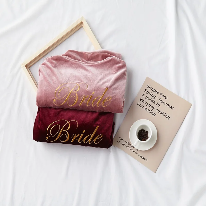 Сексуальная Вышивка буквами для женщин невесты свадебное сувенирное платье кимоно платье осень новое велюровое ночное белье