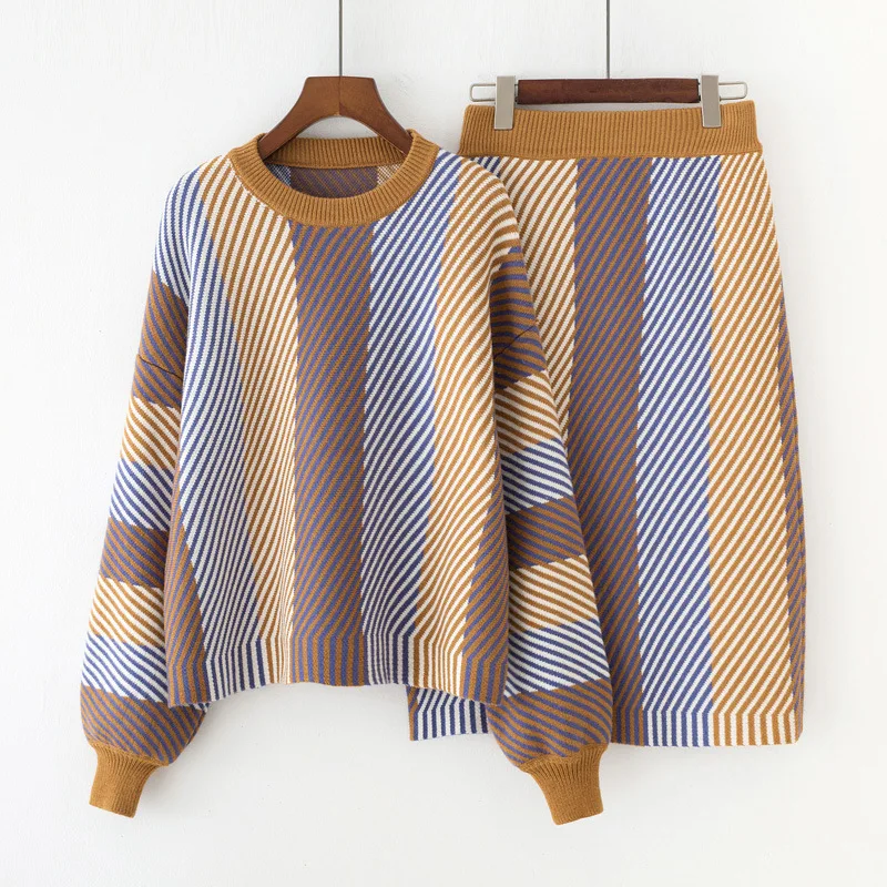 Женские вязаные костюмы Элегантные наборы юбок карандашей в полоску теплые