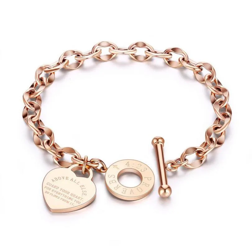 

Fashion 316L Stainless Steel Rose Gold Color Chain Forever Love Heart Charms Bracelet Bangles For Women Pulseras Jewelry Gift