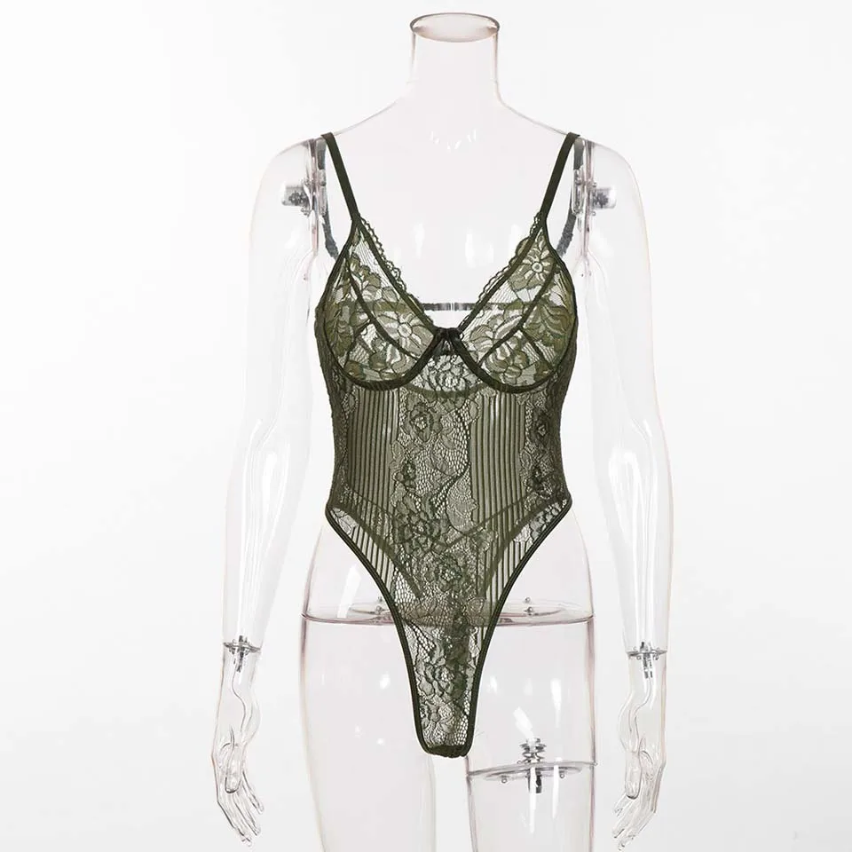 Army Green Karlofea, сексуальный прозрачный кружевной сетчатый боди, топы для женщин, тонкий, без рукавов, на бретелях, боди, Короткий комбинезон, летние комбинезоны - Цвет: Army Green