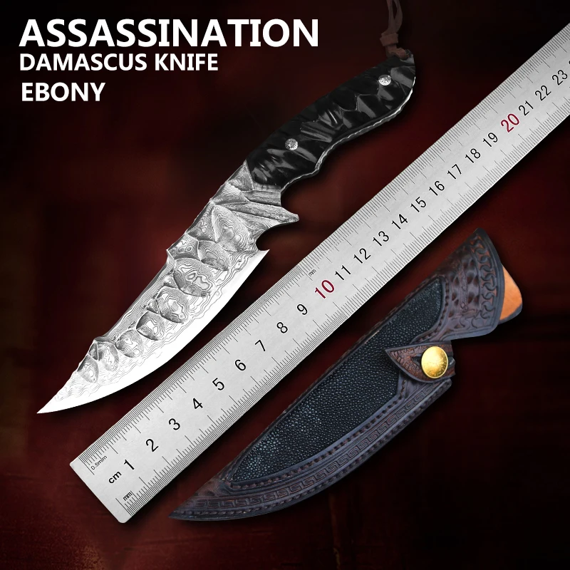 Нож с фиксированным лезвием TURENZ-Full Tang, дамасская сталь, инструменты для охоты на выживания, инструменты для кемпинга, ножи с деревянной ручкой, подарки