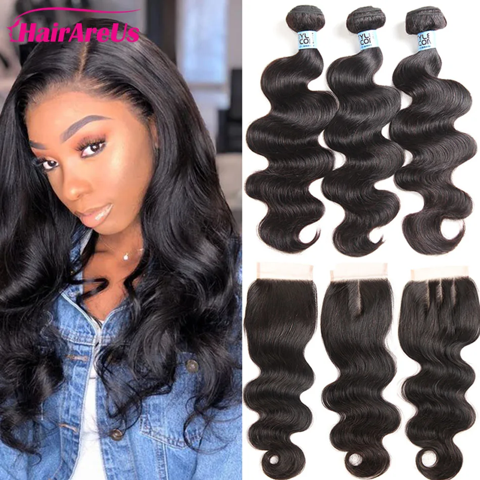 

28 30 Inch Body Wave Bundles With 4X4 Closure Brazilian Human Hair Bundles with Closure Natural Color with Baby Hair Remy